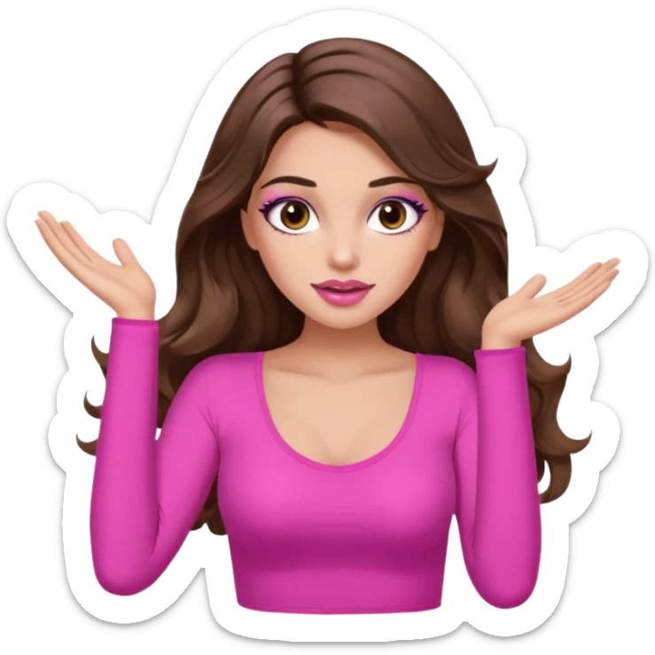 girl with long wavy brown hair, brown eyes, long lashes makeup, sexy pink lips, light to medium complexion, pink sexy top, two hand up shrugging sticker