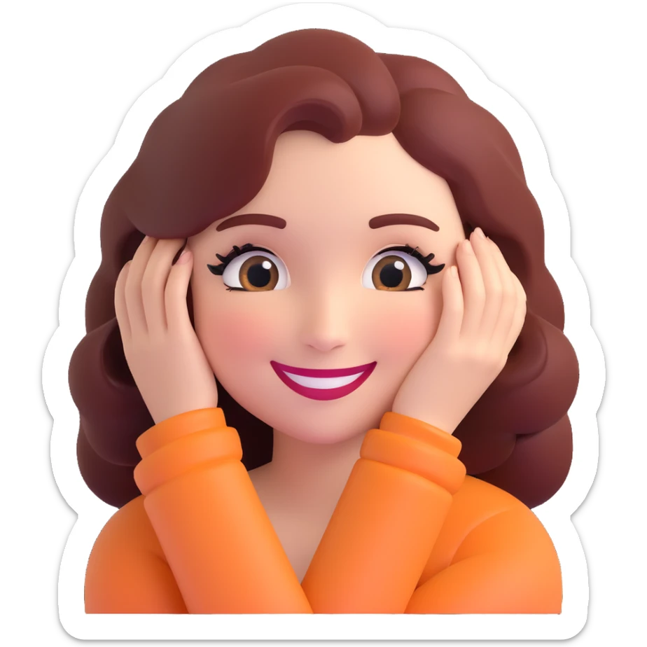 3D emoji of a smiling, feminine face with big eyelashes, no body, colorful and friendly, romantic style, with feminine accessories, motif: hug, transparent background sticker