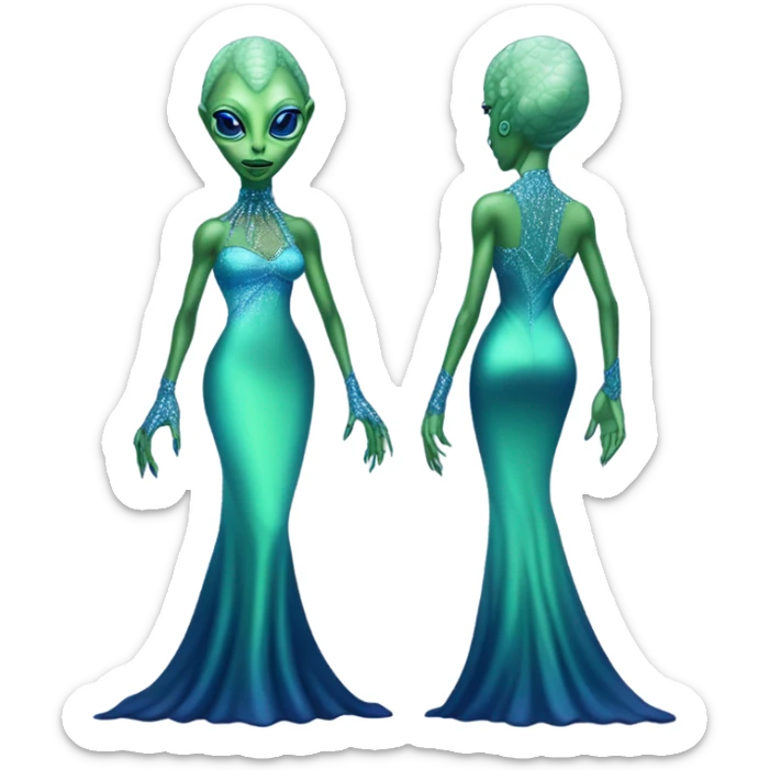 reptilian green alien woman, in long slim pastel blue formal party satin dress with gradient shiny sparkling navy blue diamonds embroidered, full body full figure sticker