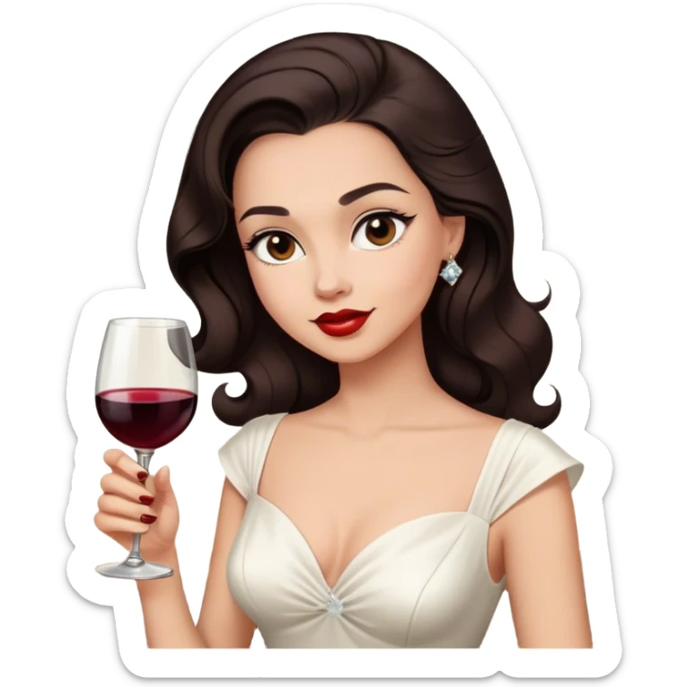 Beautiful woman in 1950’s woman fashion look, white dress, long hair, wine, dark brown hair sticker