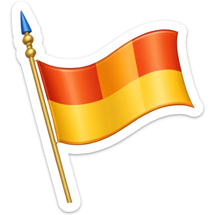 flag of Funland, horizontal tricolor with green top, blue middle, red bottom, two orange diagonal lines from top left to bottom right, one orange diagonal line from top right to bottom left forming an X, yellow circle in the center sticker