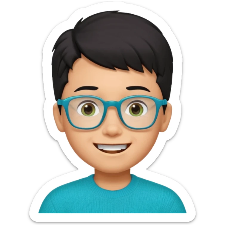 Chico de 7 años, pelo negro y repeinado pero con volumen hacia arriba, piel marrón clarito, gafas cuadradas azules, sonriente y sin 1 diente, jersey verde turquesa y ojos muy rasgados, Y NO redondeados sticker