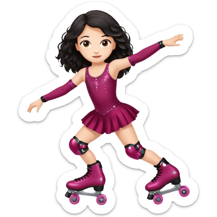 Una patinadora de 12 años y es morena de pelo y lleva un mallott granate con brillos y esta patinando con patines de ruedas en linea y su piel es clara y el pelo es largo negro ondulado e mallot tiene falda sticker