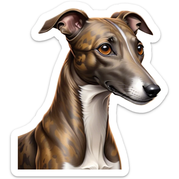 Cinematic Noble Brindle Greyhound Portrait Emoji, Poised and regal, with a slender, aerodynamic build and a refined brindle Fur, deep-set soulful eyes, Simplified yet sharp and sophisticated features, highly detailed, glowing with a soft, dignified glow, high shine, intelligent and agile, stylized with an air of elegance, focused and attentive, soft glowing outline, capturing the essence of a watchful and graceful racer, so majestic it feels as though it could dash out of the screen with effortless authority! sticker