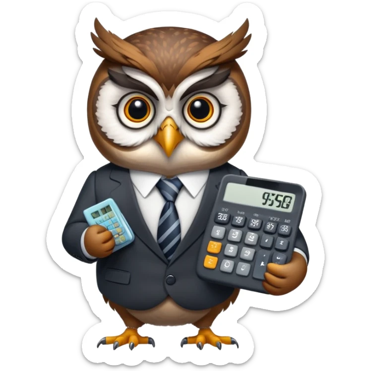 Twilio owl wearing finance outfit with business suit and tie, holding calculator sticker