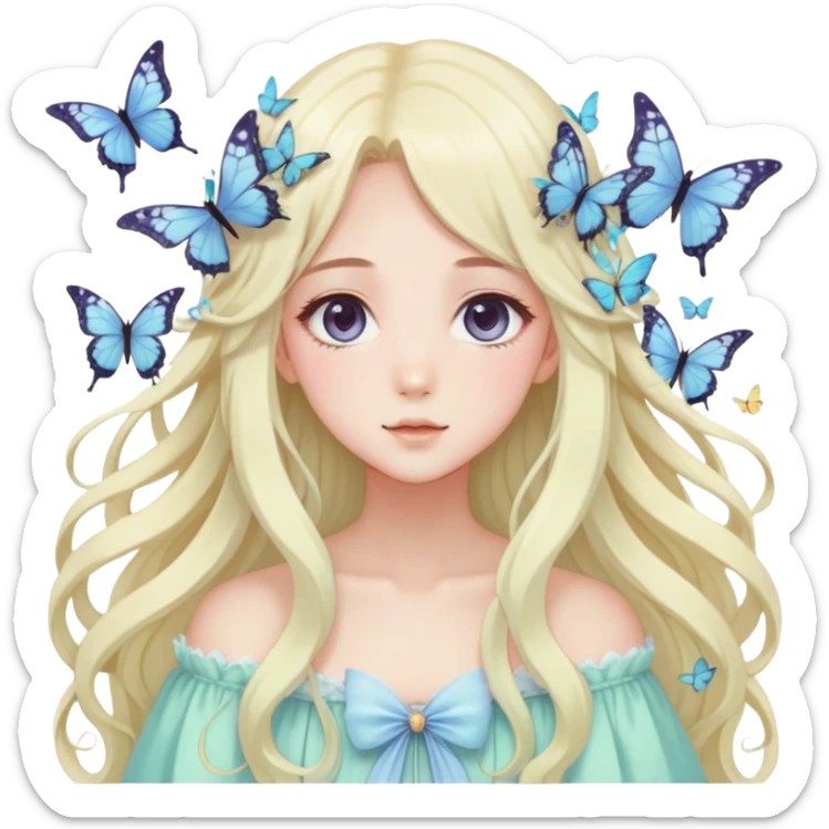 gorgeous anime pastel lady with butterflies and beautiful hair fairycore cottagecore sticker