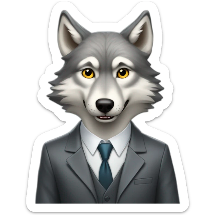 Portrait of a gray wolf showing fangs with a human-like face wears a sleek jacket and tie like a salesman reading a book sticker