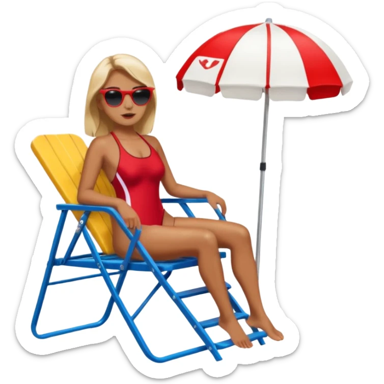 Female lifeguard – red swimsuit, sunglasses, sitting on tall lifeguard chair. sticker