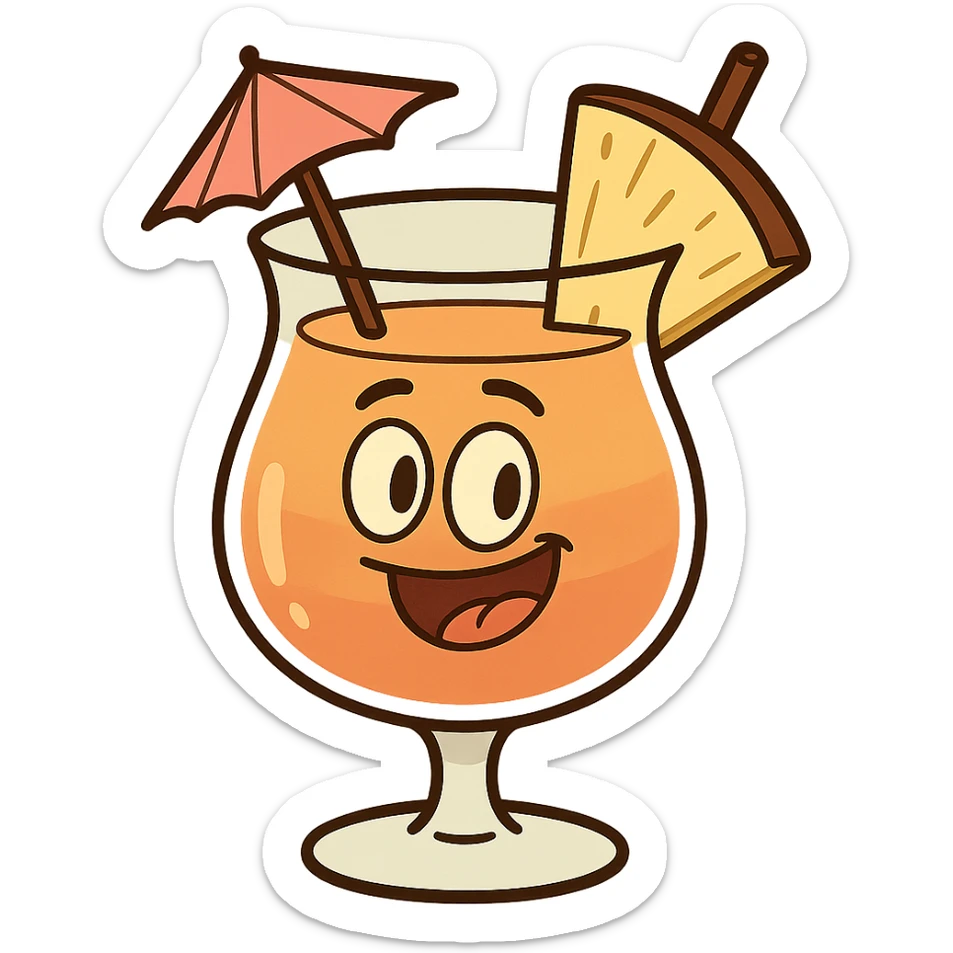 tropical cocktail with an umbrella and pineapple slice, playful and bright, cartoon style sticker