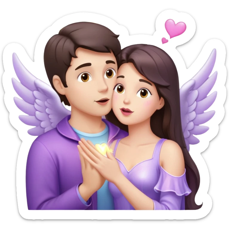 White brunette man human with rays of light Heart kisses a pastel purple angel woman sticker