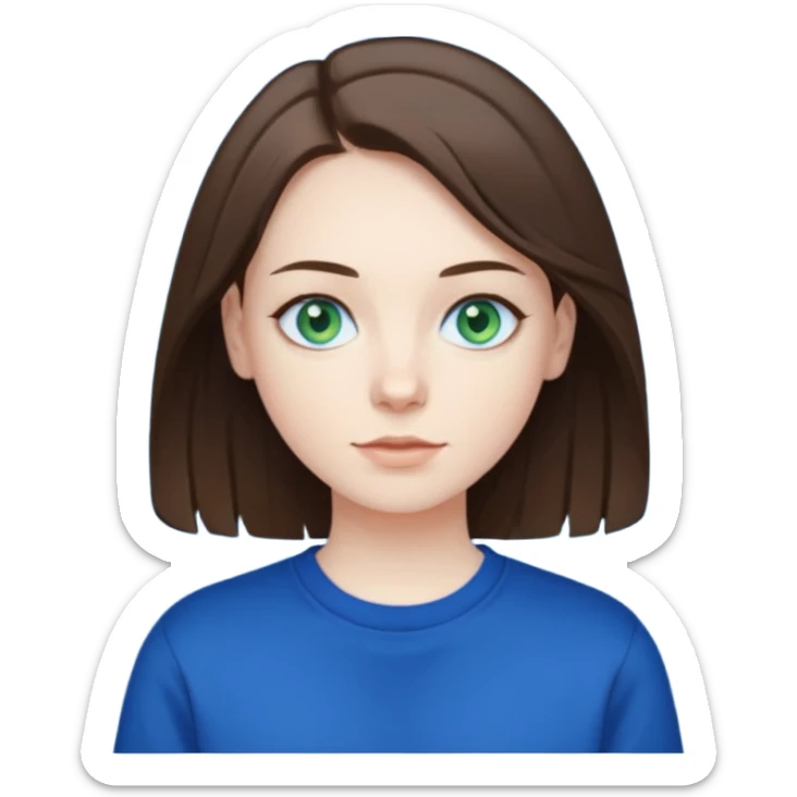 blue/green eyes , pale skin , brunette hair , white t-shirt with a dark blue sweatshirt over too sticker