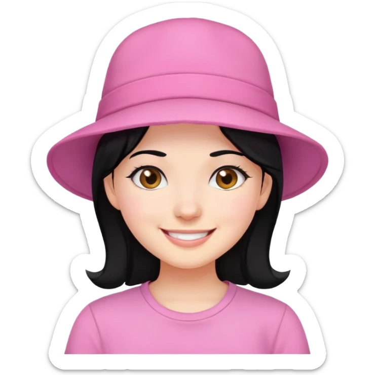 girl with black hair, wear hat, smile, pink shirt sticker