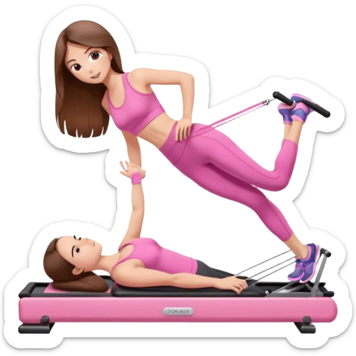 long brown hair girl doing a plank on a pilates reformer in a pink workout set sticker