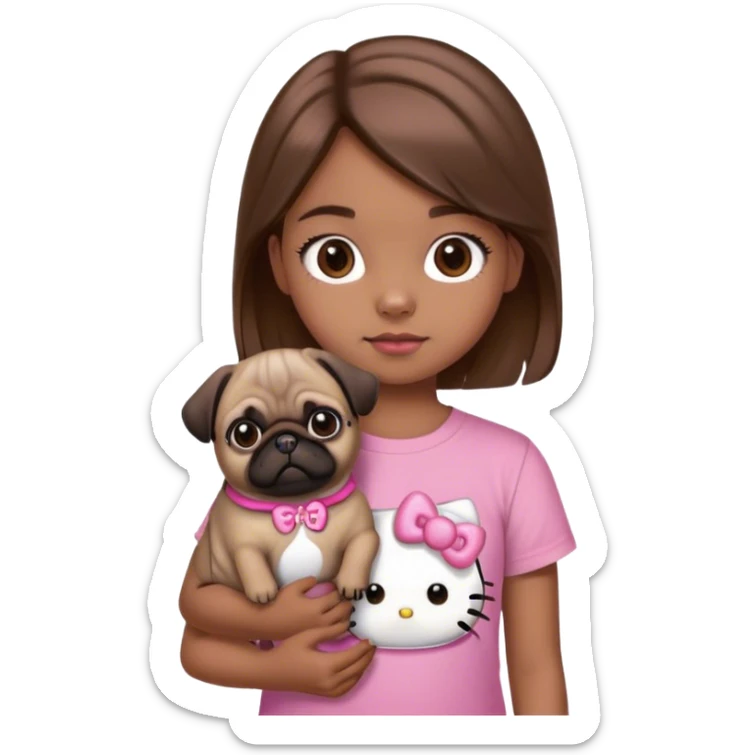 Young Girl with pink hello kitty shirt brown hair and brown eyes and brown pug sticker