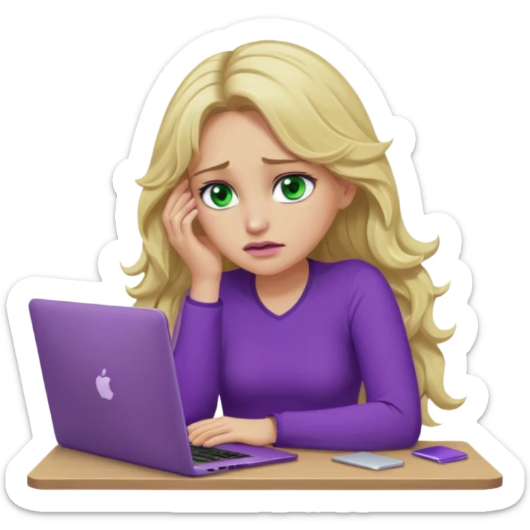 lady with long wavy blonde hair, purple top, green eyes, elbow on desk with hand on face, with a purple mac laptop tears down face. sticker