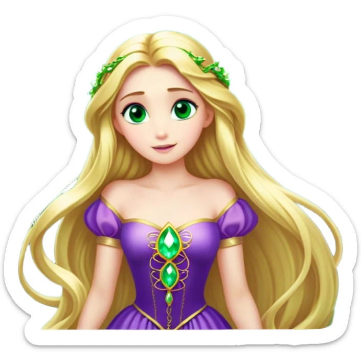 Cinematic Stunning Rapunzel Portrait Emoji, Golden hair cascading in a luminous waterfall, big emerald-green eyes full of wonder, wearing her iconic purple gown, radiating beauty and magic, glowing with fairy-tale charm! sticker