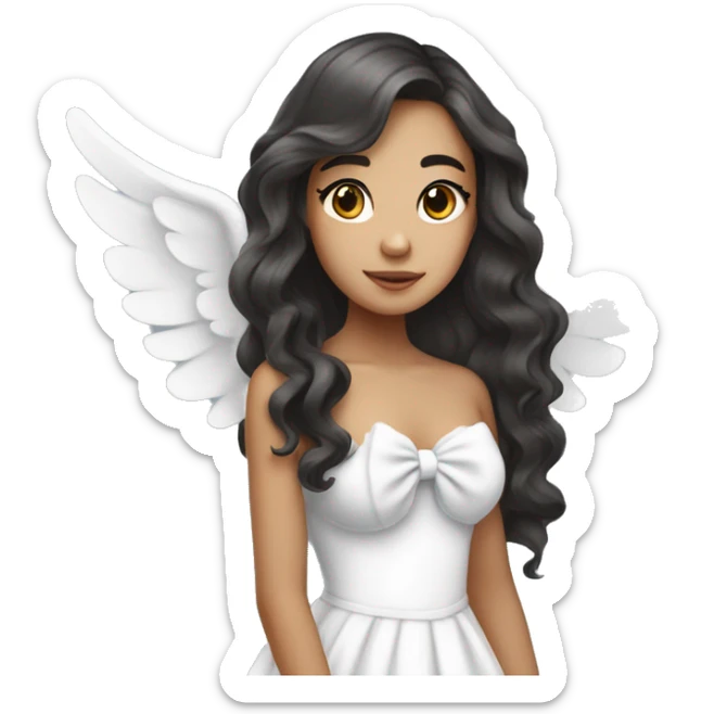 Pretty mixed Asian girl with long wavy hair with big angels wings and a white bow in a strapless dress sticker