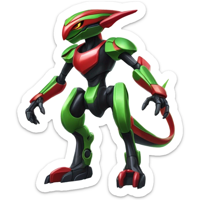 a shiny black-green-red Genesect-Flygon-Raptor-Fakémon-Medabot-hybrid with a futuristic visor-helmet full body sticker