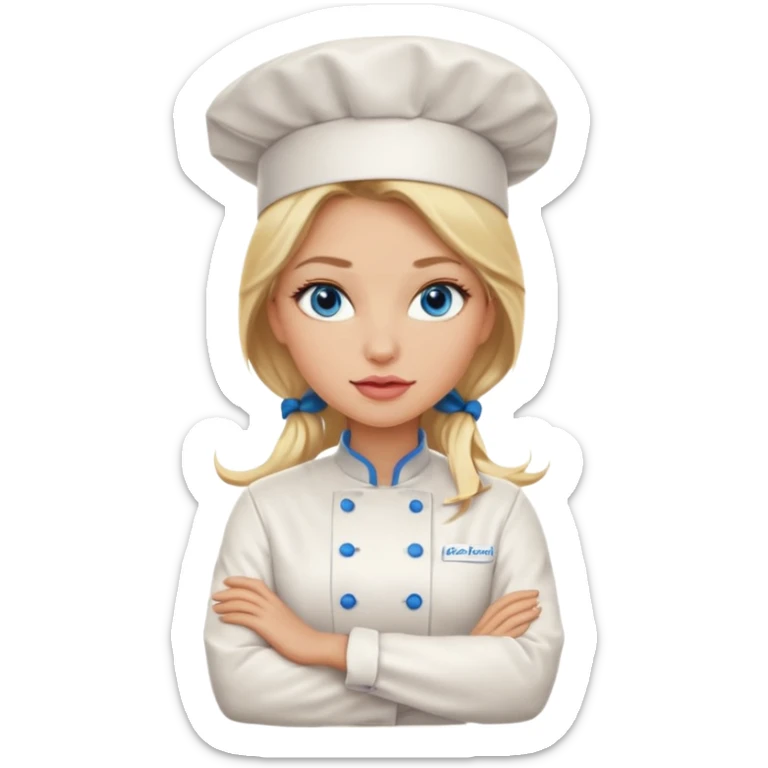 Beautiful, sexy,  long blonde hair, blue eyed, full lips female chefarms folded  sticker