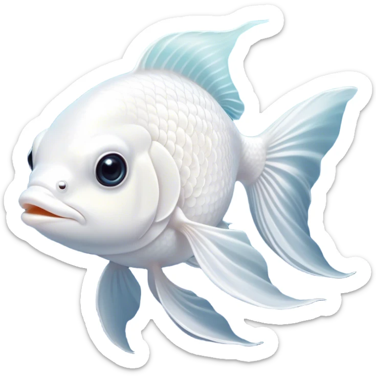Cinematic Noble White Goldfish Portrait Emoji, Poised and regal, with a sleek, streamlined build and a luminous, pure white body, deep-set soulful pale eyes, Simplified yet sharp and sophisticated features, highly detailed, glowing with a soft, dignified glow, high shine, intelligent and graceful, stylized with an air of aquatic purity, focused and attentive, soft glowing outline, capturing the essence of a watchful and confident aquatic companion, so majestic it feels as though it could glide out of the screen with effortless authority! sticker