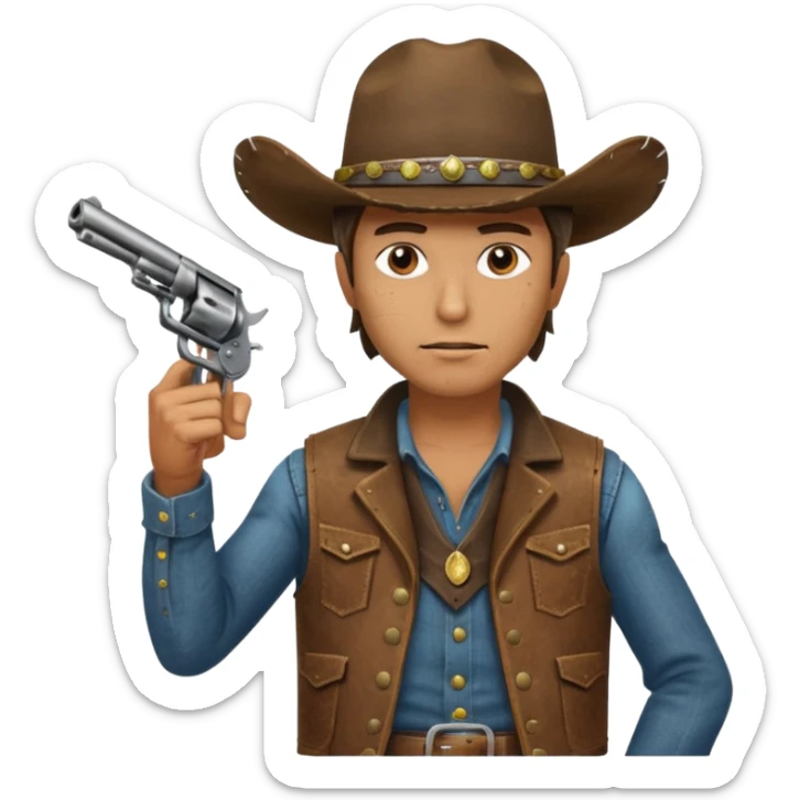 A cowboy pointing his revolver in your face  and saying, "Give me your money." sticker