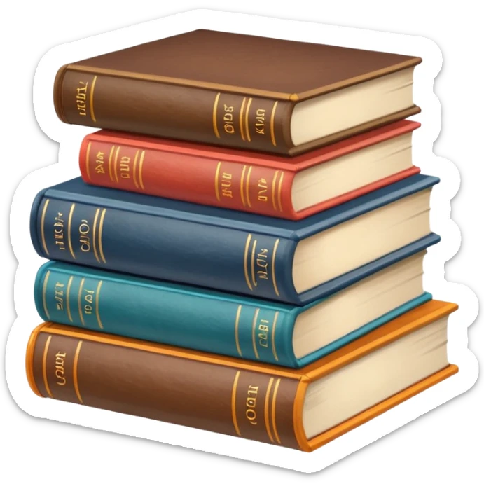 stacked books with icons of literature, history, science, and art sticker