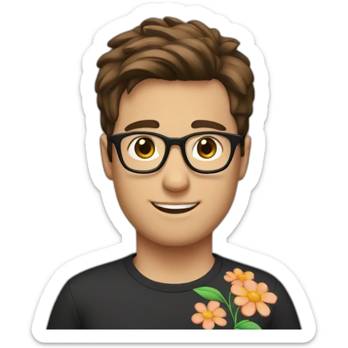 brown hair up guy wearing glasses and dark t-shirt with flower print sticker