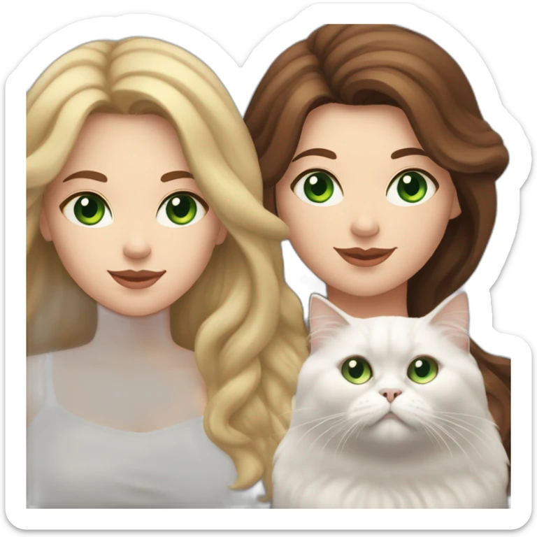 white fat girl with brown wawy hair and blue eyes, who hold a small white persian cat with green eyes sticker