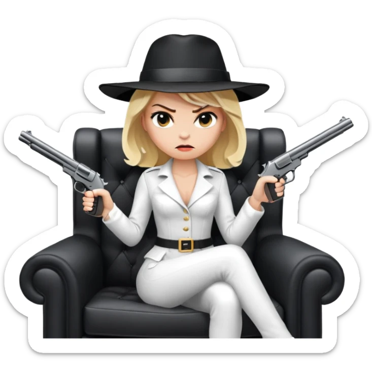 Mafia blondes angry woman in hat , gun ,black armchair , white costume  sticker
