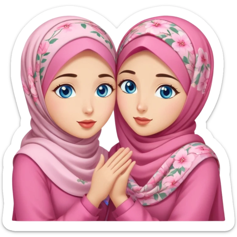 Two friendly Turkish girls beautiful finish Konya blue eyes with pink floral hijab and dress and Scattering kisses outside  sticker