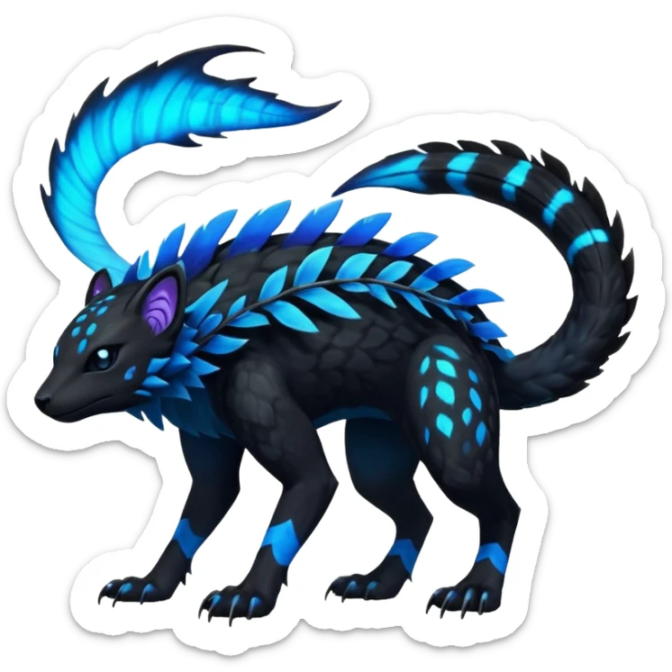 Rare realistic dark black with glowing blue bioluminescent edgy badass epic pretty beautiful handsome gorgeous aesthetic colorful vibrant Vernid-Trico-species-Fakemon-creature by LiLaiRa, 4 legs, 1 tail, random markings, (full body) sticker