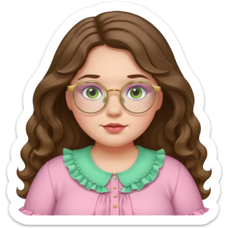 Girl girl long wavy brown hair with middle part, pale green eyes, plus size, pink frilly shirt, gold rimmed glasses sticker