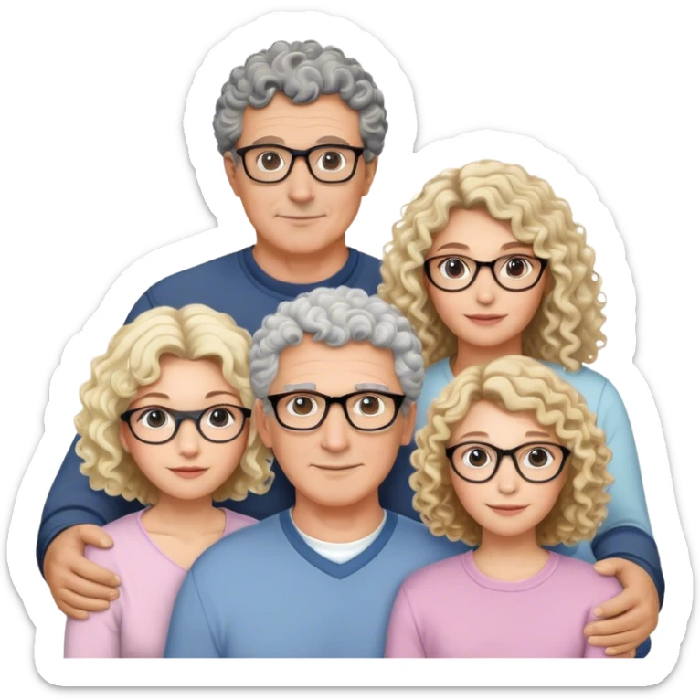 A white family that consists of a 55 years old dad with black and grey hair, a 53 years old mom with glasses that has blonde curly hair, a 26 years old daughter that has curly brown hair and a 20 years old daughter that has brown hair with blonde highlights sticker