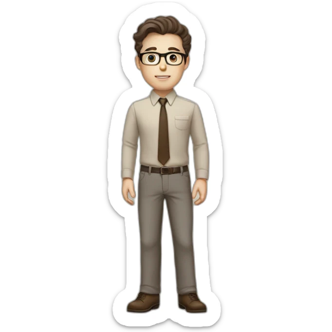Full height Pale skinned fit man with dark brown hair in gray jacket, beige office shirt, brown tie, brown pants and vintage glasses. His right hand stretched out sticker