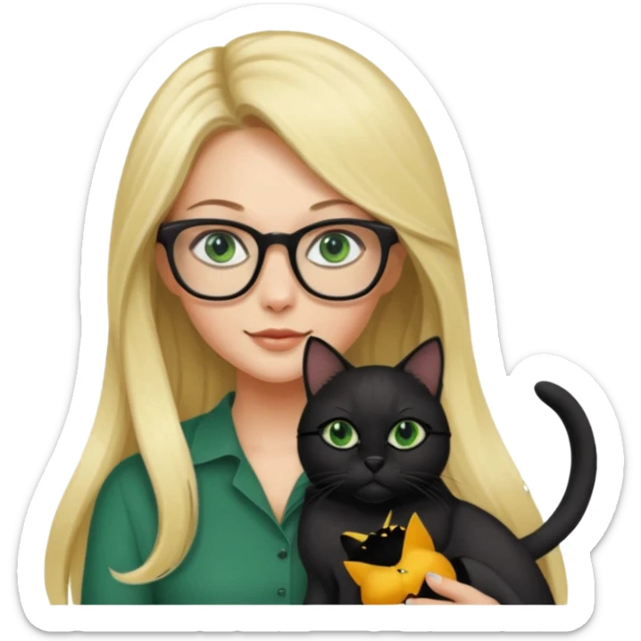 A beautiful blonde with long hair and glasses holding a black cat with green eyes  sticker