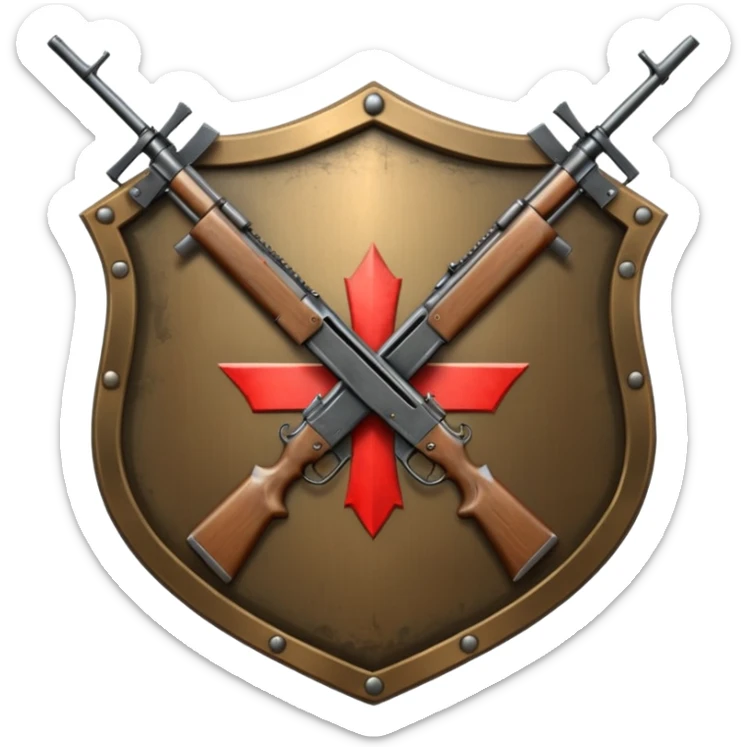 Insignia militar realista para videojuegos de guerra (estilo Battlefield), forma de escudo metálico con bordes desgastados. Incluye:

Símbolo: [fusiles cruzados / águila / estrellas / espada] sticker