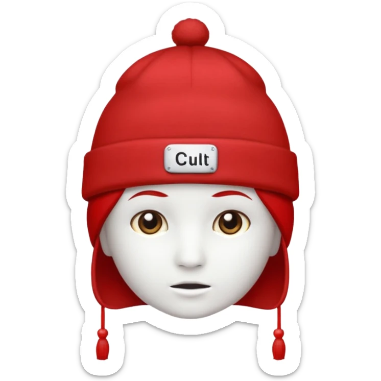 Red hat with no person in it that says "I AM IN A CULT" in white text sticker