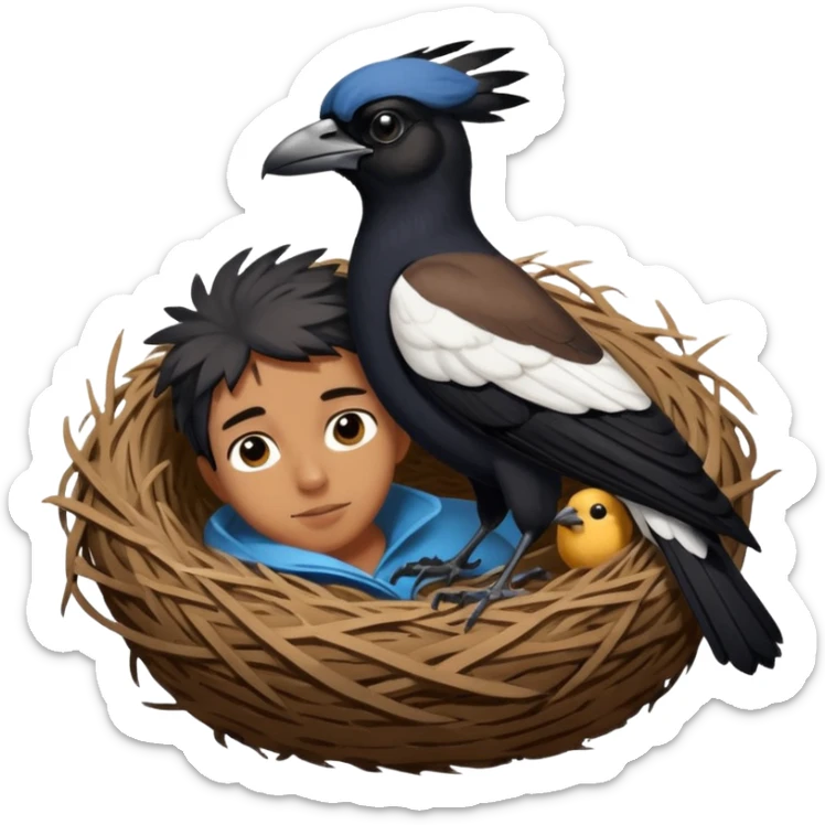 An Australian Magpie, birds nest that is located at the top of a man's head. sticker