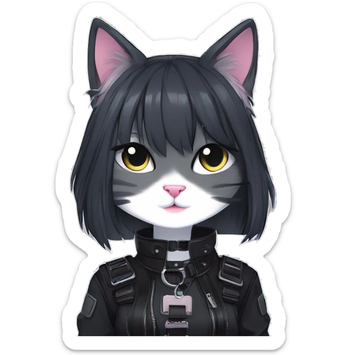 Gorgeous edgy epic punk gothic dark techwear anime style anthro cat with blushing face aesthetic and pretty edgy black with collar and harness trending style sticker