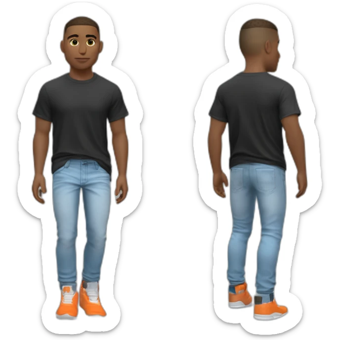 Un ado de couleur blanc avec un blowout taper brun et un t shirt thé North face full orange avec le logo blanc et une chaîne avec un pantalon jeans straigh et des Jordan black toe bleu clair sticker
