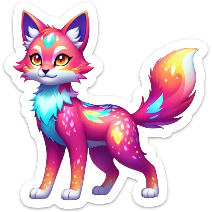 Vibrant multicolored neon-colored Falvie-Fionbri-creature-sparkle-feline-fursona, full body sticker