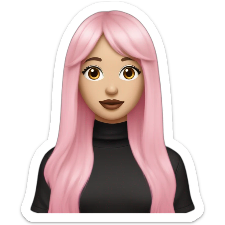 White women with strait dark brown hair with curtain bangs and long eyelashes brown eyes and pink cheeks with pink lips and dark brown eyebrows wearing a black oversized t-shirt sticker
