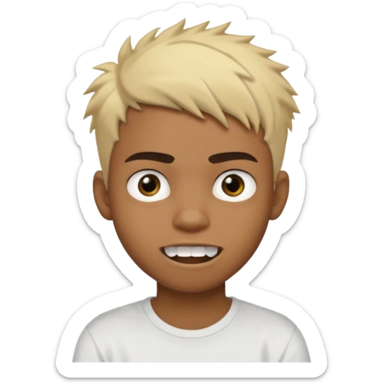 Black Male Teenager with Short punk messy blonde hair, Dark brown bushy eyebrows large expressive golden-brown eyes, wearing a plain white t-shirt, Dark Brown skin color. Fun teeth sticker