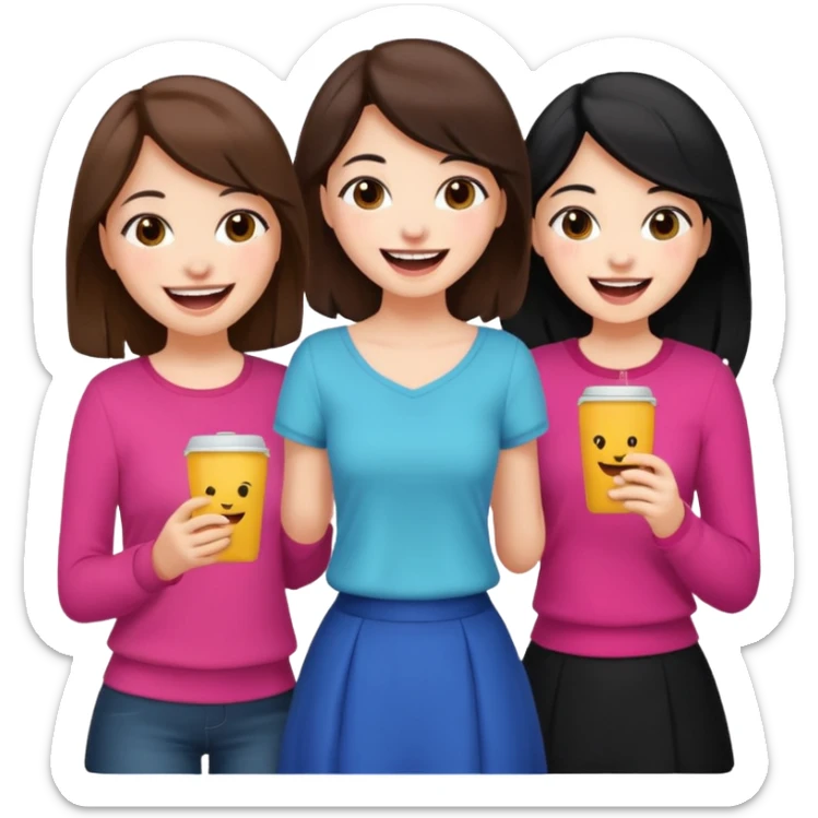 3 brown friends having fun, one with black hair, 2 with brown hair, girly style sticker