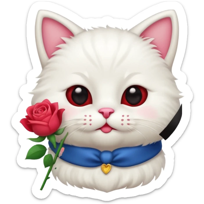 Cute emoji-style white cat holding a red rose in its mouth, big round eyes, fluffy fur, clean mascot style, centered, transparent background, 1:1 ratio. sticker