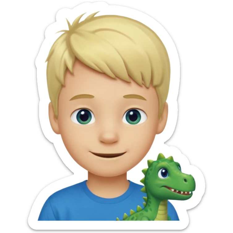 A smiling blond boy with blue eyes wearing a green dinosaur T-shirt sticker