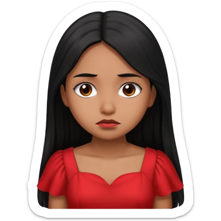 Brown girl long black hair, sad face and red dress sticker
