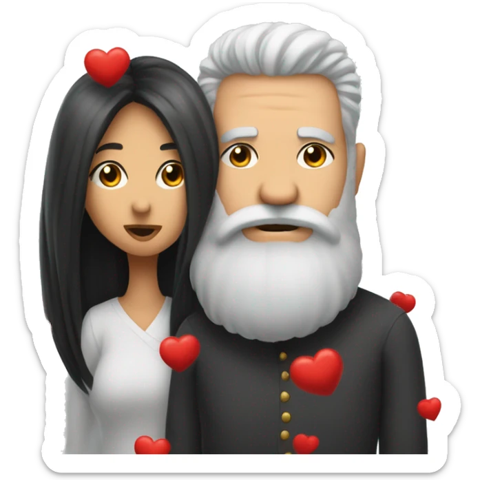 Red hearts are flying and Bald and gray beard man kisses from lips of  long black hair white woman sticker
