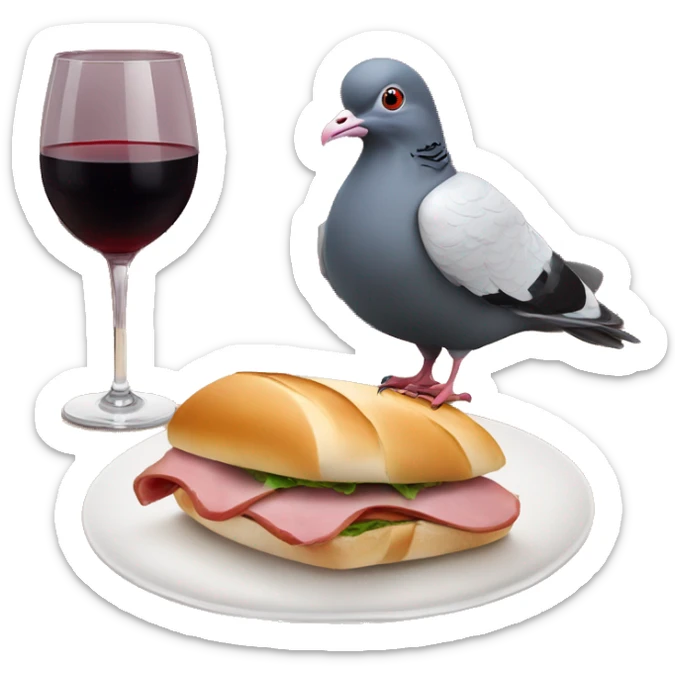 Pigeon with a PSG football club hat enjoying a red wine glass and lying on a ham and butter baguette sandwich sticker