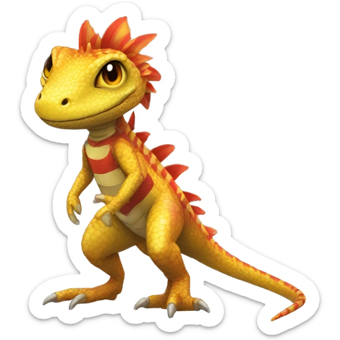 A Yellow Shiny Anthro-Scalie-Lizard-Reptile-Salamandrian-Fakémon with red stripes and orange frills Full Body sticker